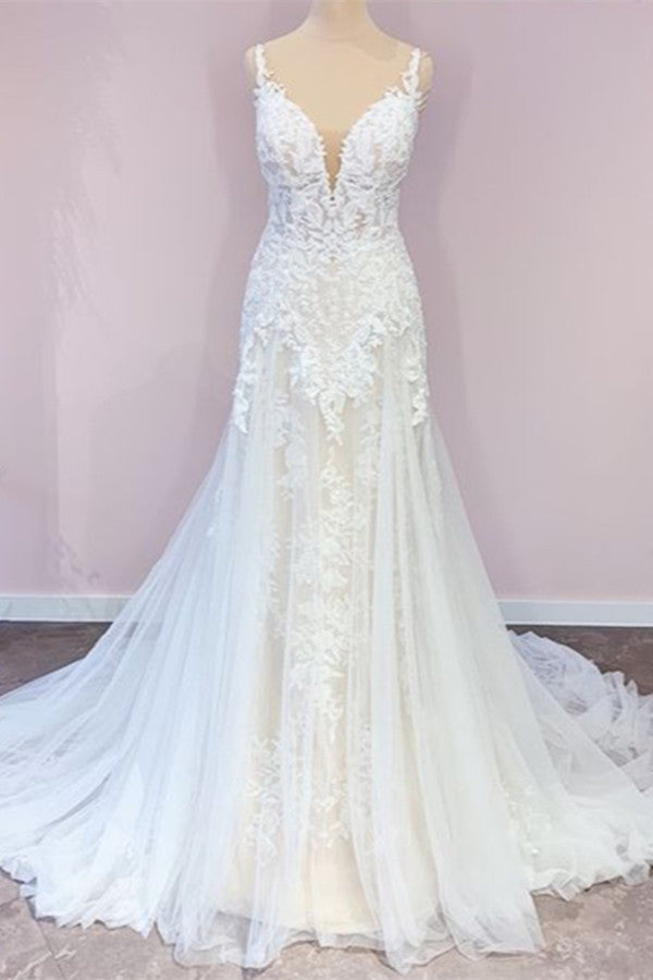 Stunning Long A-Line Tulle Sweetheart Appliques Lace Wedding Dress-showprettydress