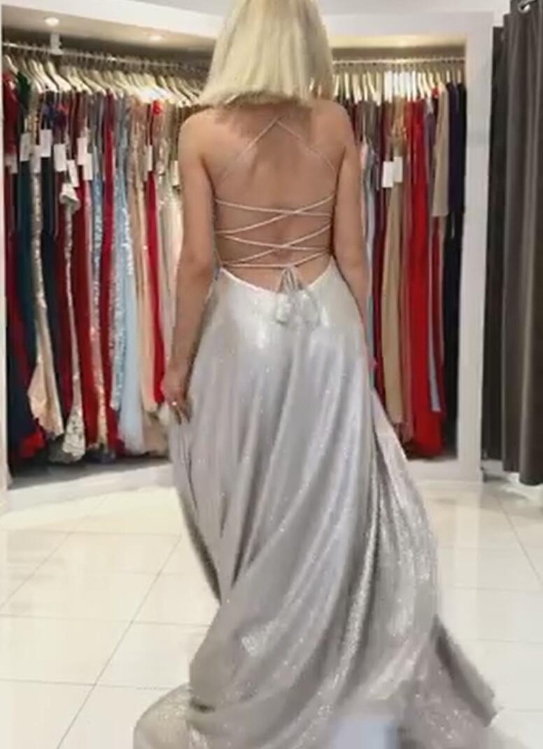 Stunning Long A-line V-Neck Backless Evening Prom Dress Online-showprettydress