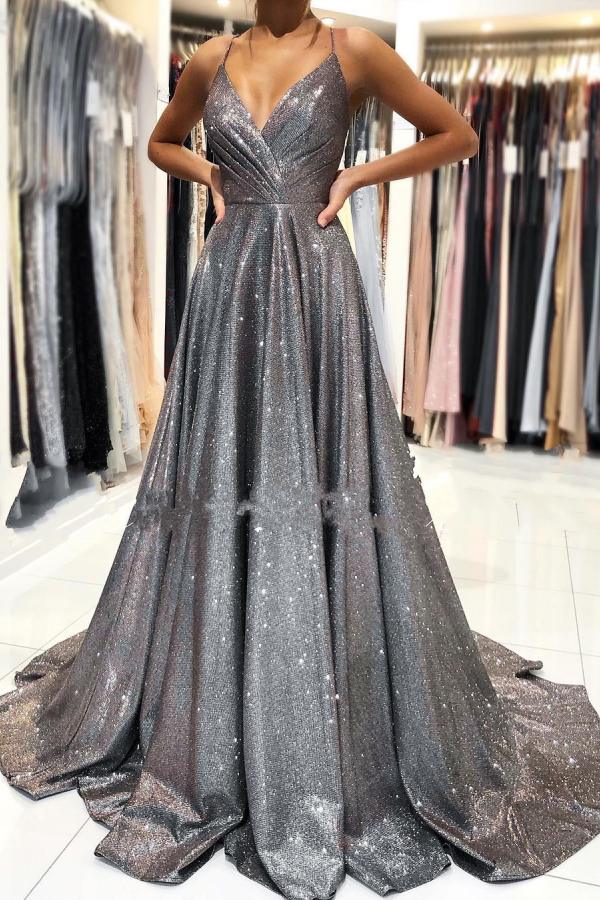 Stunning Long A-line V-Neck Backless Evening Prom Dress Online-showprettydress