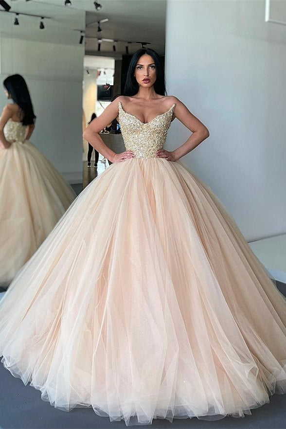 Stunning Long Ball Gown Strapless Sequined Tulle Formal Prom Dress-showprettydress