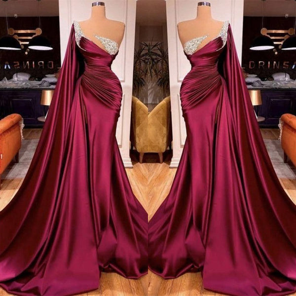 Stunning Long Mermaid One Shoulder Beads Evening Prom Dress With Ruffles-showprettydress