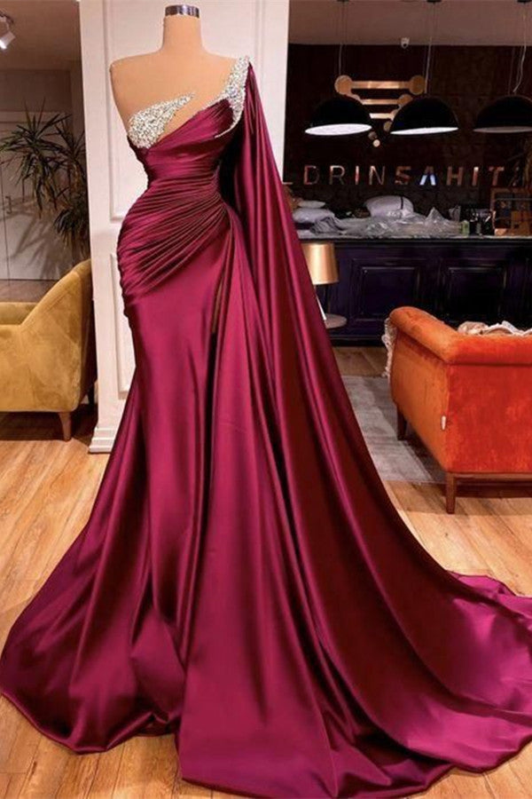 Stunning Long Mermaid One Shoulder Beads Evening Prom Dress With Ruffles-showprettydress