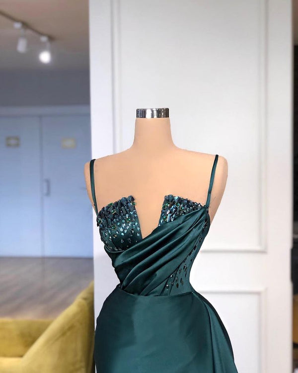 Stunning Long Mermaid Spaghetti-Straps Crystal Evening Dress With Detachable Train-showprettydress