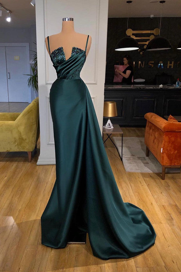 Stunning Long Mermaid Spaghetti-Straps Crystal Evening Dress With Detachable Train-showprettydress