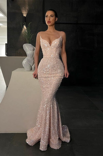 Spaghetti Straps Long Satin Mermaid Prom Dress with Sequins and Rhinestones main image 1
