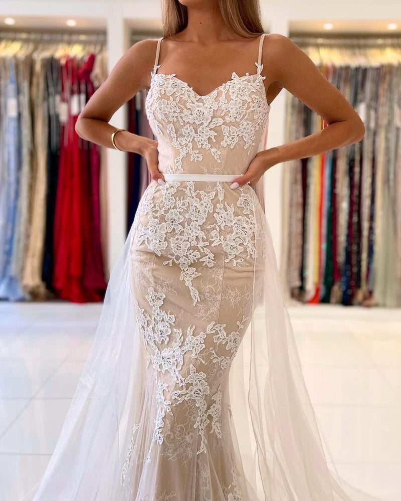 Stunning Long Mermaid Spaghetti Straps Tulle Prom Dress Lace Appliques-showprettydress