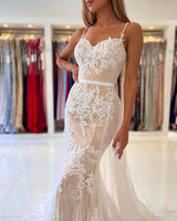 Stunning Long Mermaid Spaghetti Straps Tulle Prom Dress Lace Appliques-showprettydress