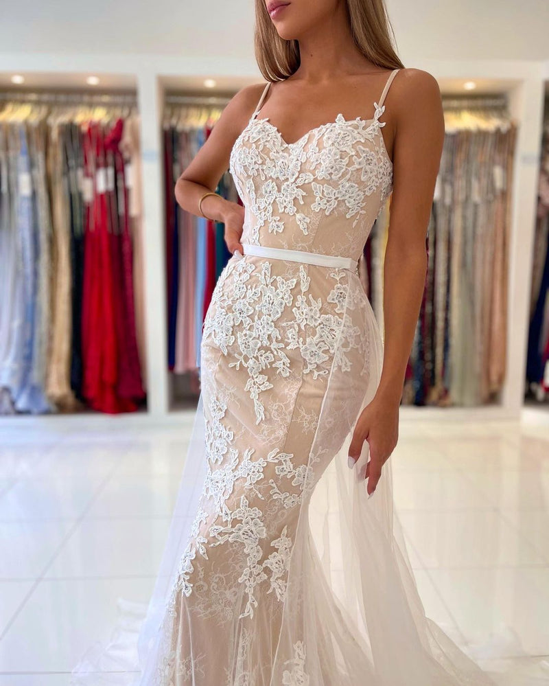 Stunning Long Mermaid Spaghetti Straps Tulle Prom Dress Lace Appliques-showprettydress