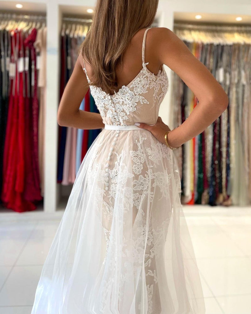 Stunning Long Mermaid Spaghetti Straps Tulle Prom Dress Lace Appliques-showprettydress