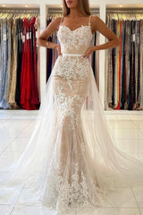 Stunning Long Mermaid Spaghetti Straps Tulle Prom Dress Lace Appliques-showprettydress