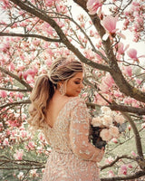 Stunning Long Mermaid V-neck Lace Front Slit Wedding Dress with Sleeves-showprettydress