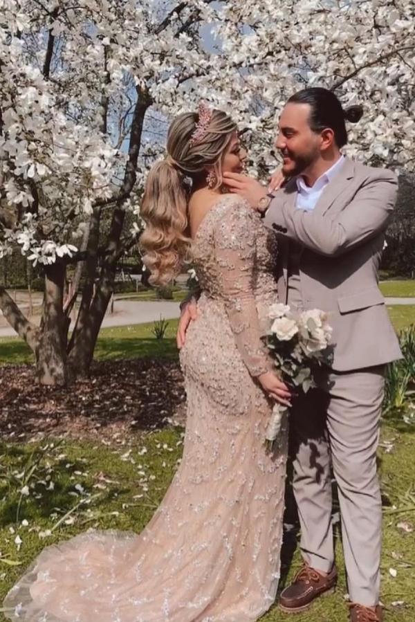 Stunning Long Mermaid V-neck Lace Front Slit Wedding Dress with Sleeves-showprettydress