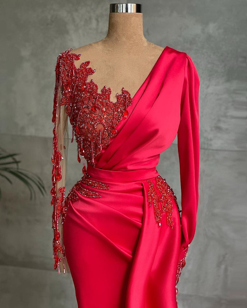 Stunning Long Sleeve Mermaid Evening Formal Dress Lace Appliques Red Prom Gown Ruffles-showprettydress