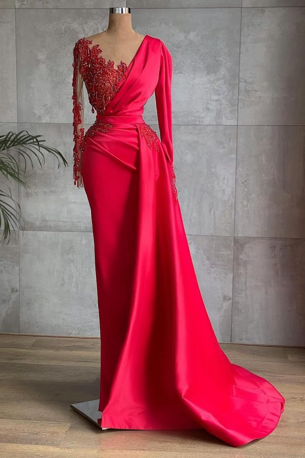 Stunning Long Sleeve Mermaid Evening Formal Dress Lace Appliques Red Prom Gown Ruffles-showprettydress