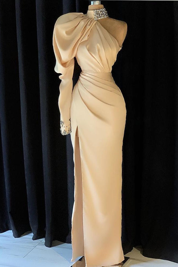 Stunning Long Sleeve Mermaid High Neck Crystal Prom Dress With Split-showprettydress