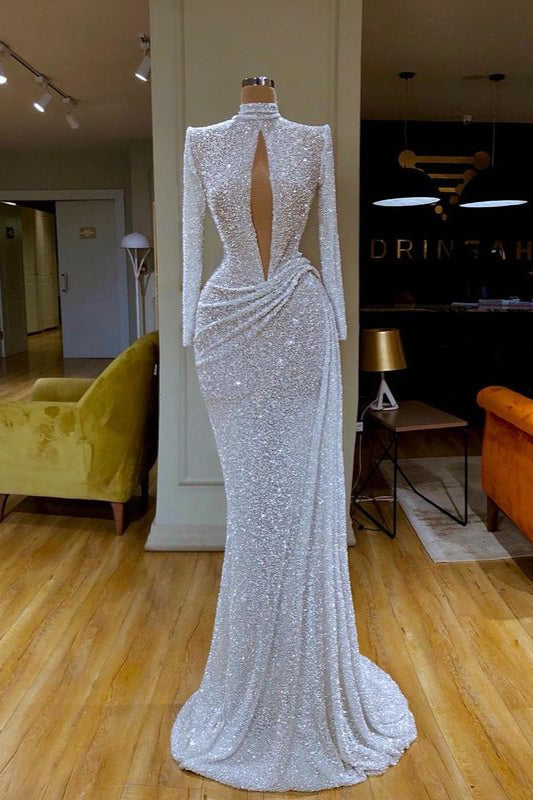 Stunning Long Sleeve Mermaid High Neck Sequins Prom Dress Long Formal Dresses-showprettydress