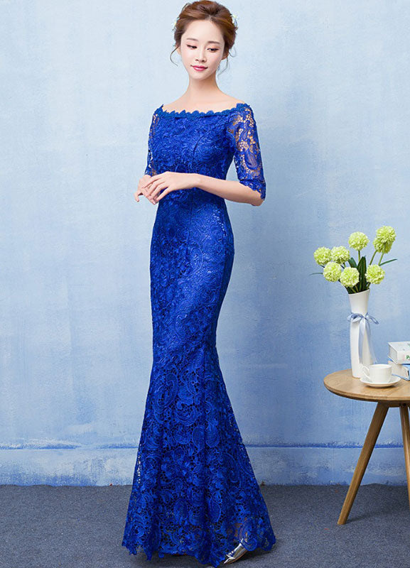 Stunning Mermaid Evening Dress Royal Blue Lace evening dress Off The Shoulder Half Sleeve fishtail Maxi Party Dress wedding guest dress-showprettydress