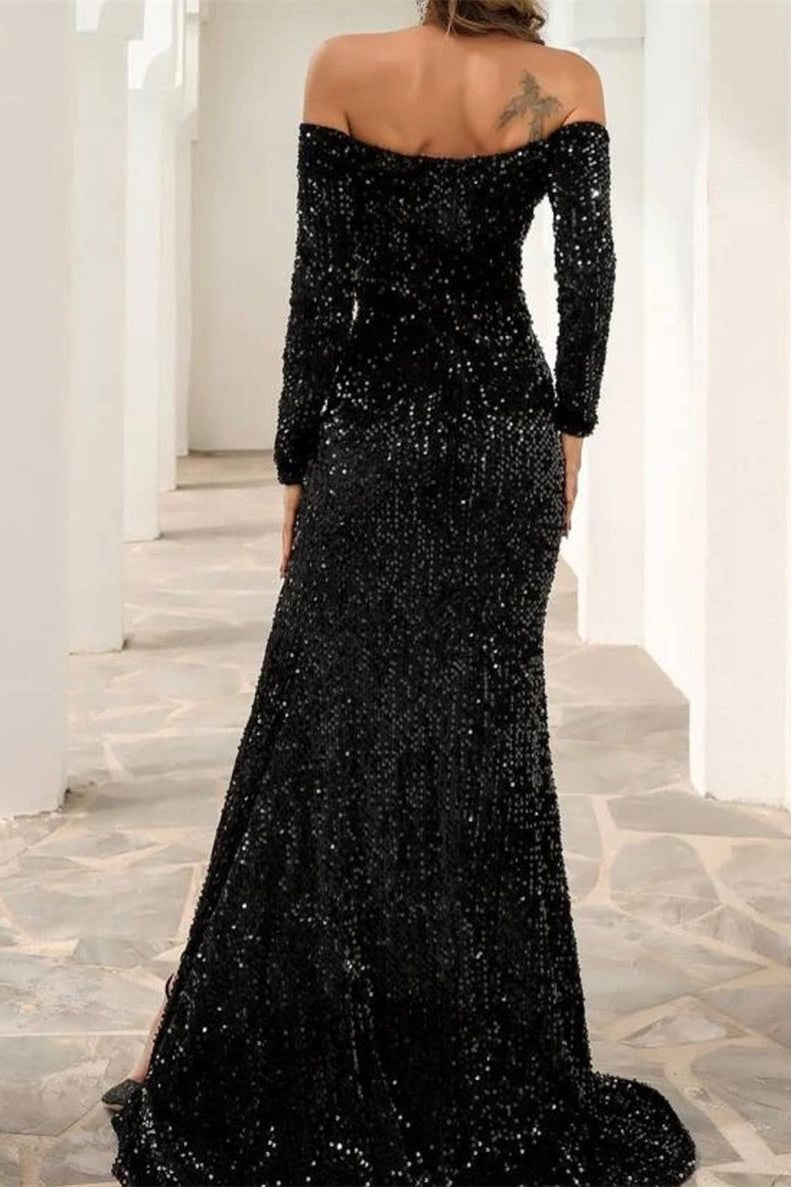 Stunning Off The Shoulder Black Prom Dress Sequined Front-Split Evening Gowns With Long Sleeves-showprettydress