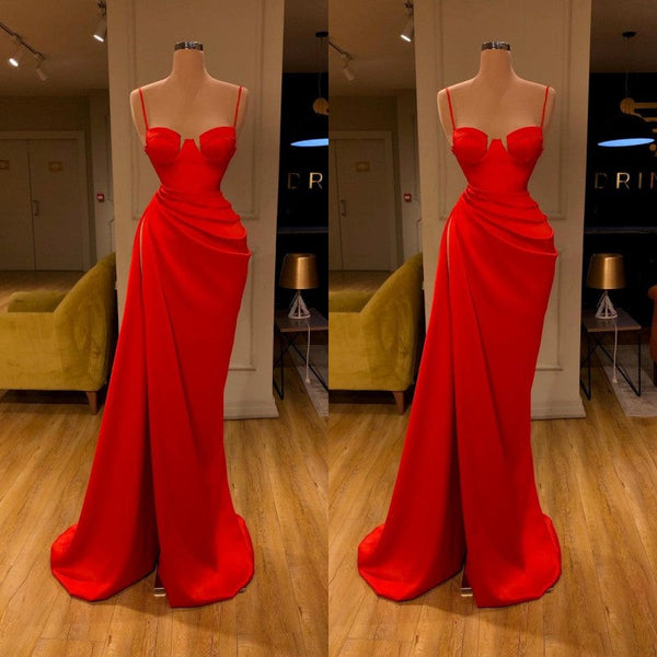 Stunning Red Long Mermaid Spaghetti Strap Round Cup Prom Dress with Slit-showprettydress