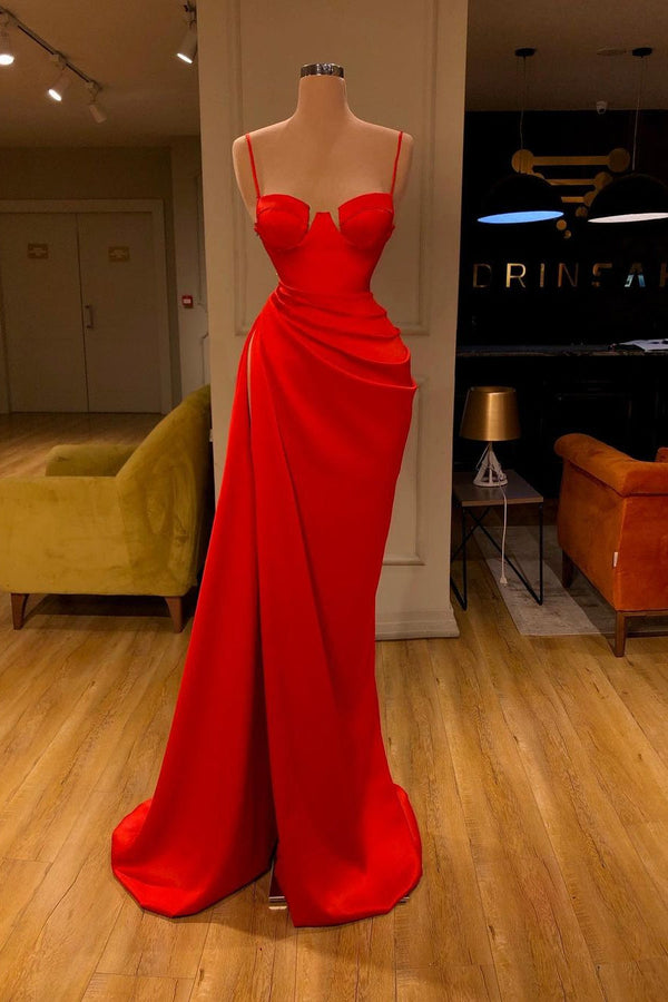 Stunning Red Long Mermaid Spaghetti Strap Round Cup Prom Dress with Slit-showprettydress