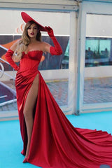 Stunning Red Long Sweetheart Slit Mermaid Prom Dress With Gloves-showprettydress