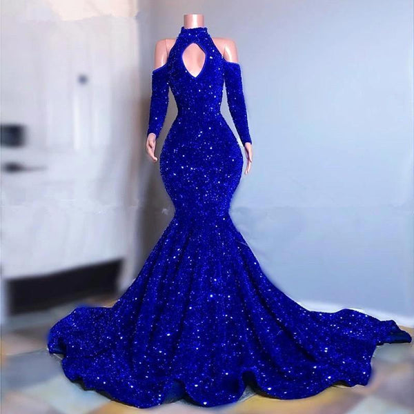 Stunning Royal Blue Long Sleeves Prom Dress Mermaid Long With Sequins-showprettydress