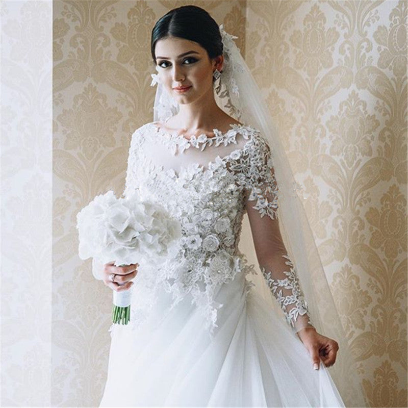 Stunning Royal Wedding Dresses Vintage Long Appliques Sleeved Arabic Bridal Gowns-showprettydress