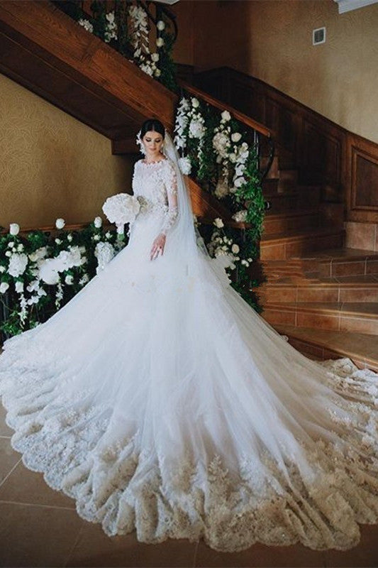 Stunning Royal Wedding Dresses Vintage Long Appliques Sleeved Arabic Bridal Gowns-showprettydress