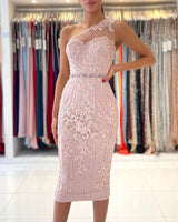 Stunning Short Mermaid One Shoulder Lace Prom Dress With Crystal-showprettydress