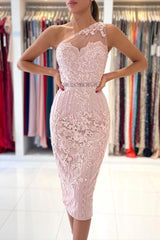 Stunning Short Mermaid One Shoulder Lace Prom Dress With Crystal-showprettydress