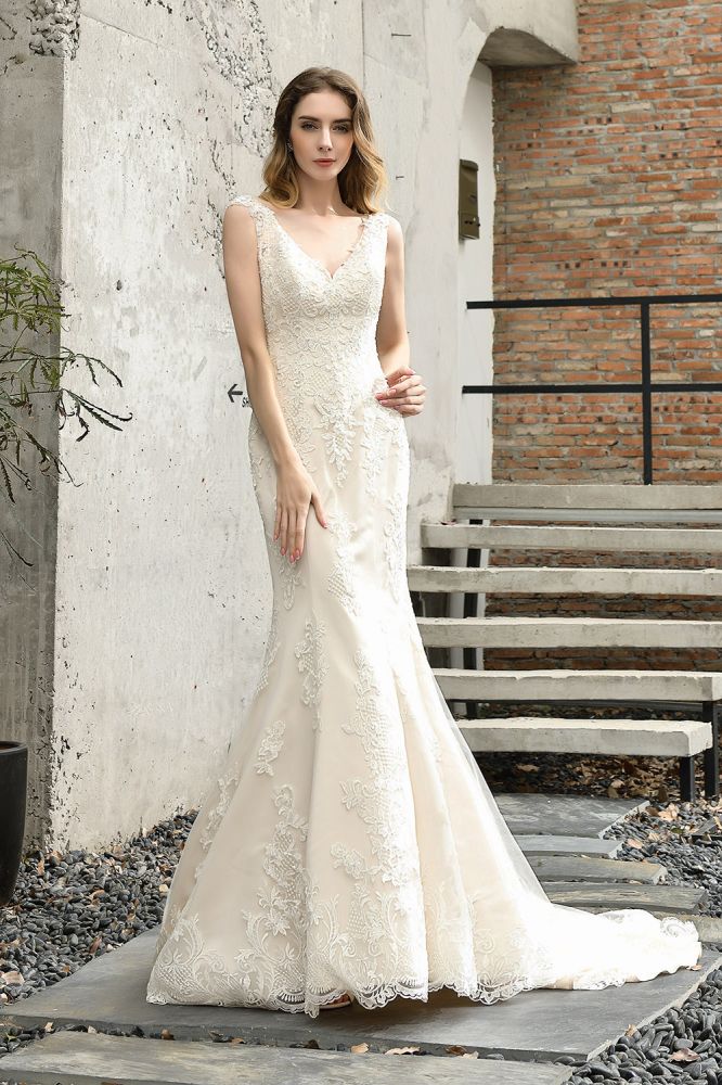 Stunning Sleeveless Fit and flare Lace Open Back Summer Beach Wedding Dress-showprettydress