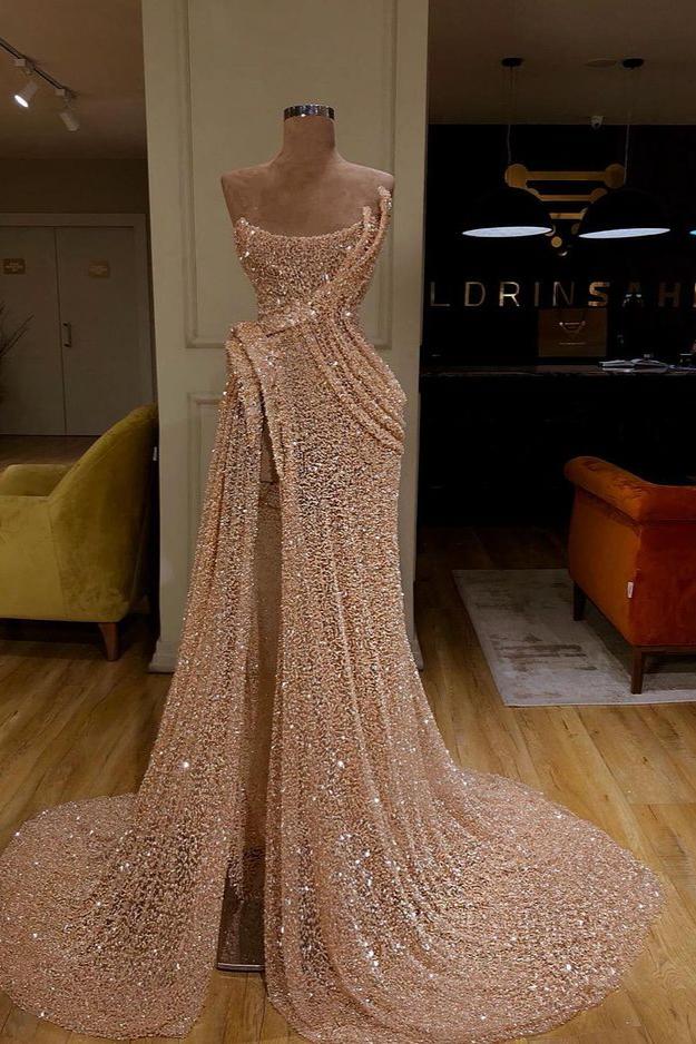 Stunning Strapless Sequins Long Mermaid Prom Dress With Slit ...