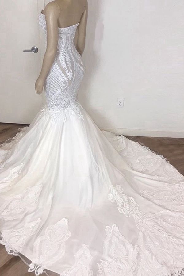 Stunning Strapless Mermaid White Beach Wedding Dress Modern Low Back Bridal Gowns on Sale-showprettydress