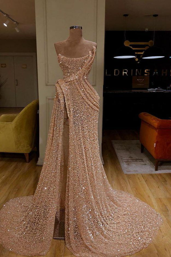 Classic Strapless Sequins Mermaid Evening Party Gowns Long With Slit main image 1
