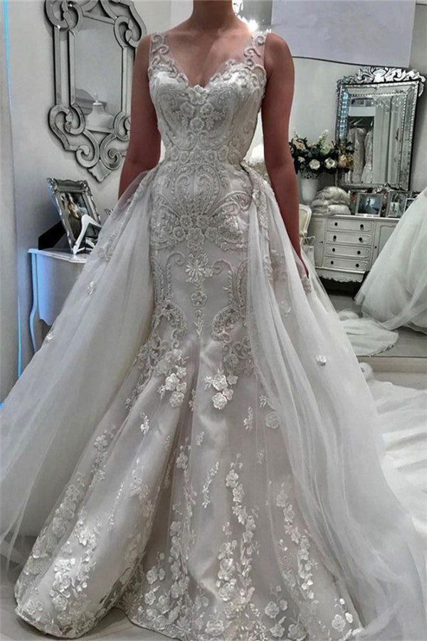 Stunning V Neck Sleeveless Ruffless Lace Appliques Wedding Bridal Gowns-showprettydress
