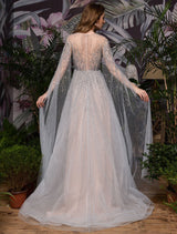 Stunning Wedding Dresses A Line Sweep Short Sleeves Beaded Jewel Neck Tulle Bridal Dresses-showprettydress