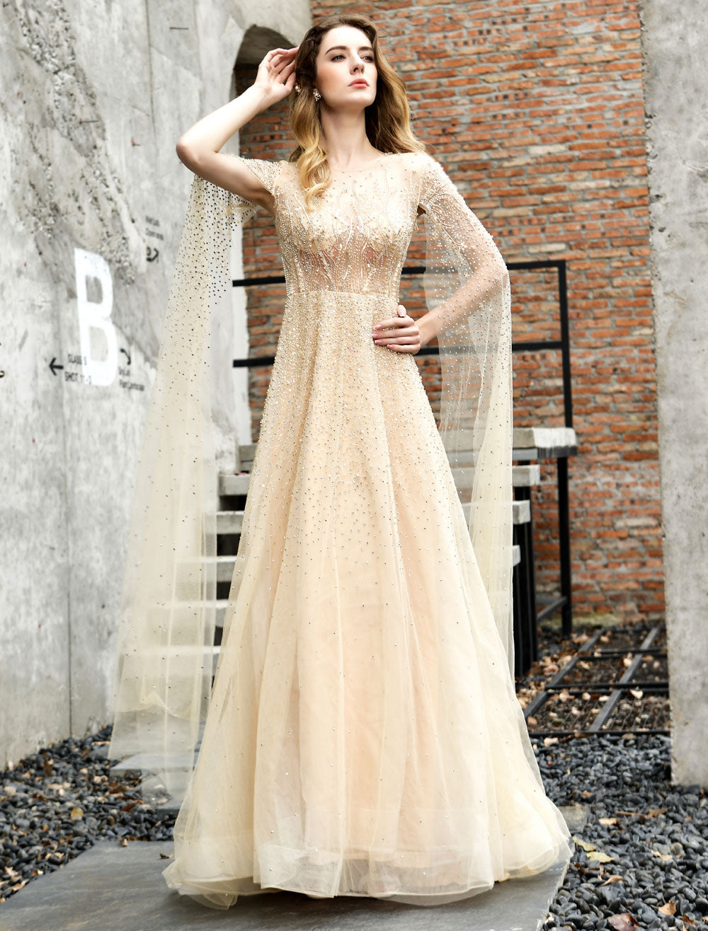 Stunning Wedding Dresses A Line Sweep Short Sleeves Beaded Jewel Neck Tulle Bridal Dresses-showprettydress