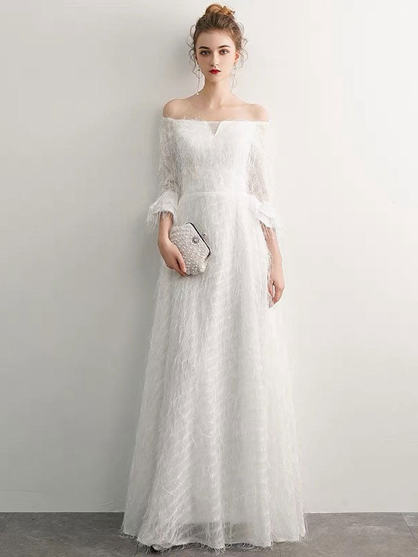 Stunning White Evening Dresses Long Off Shoulder Long Sleeve Maxi Formal Evening Gowns-showprettydress