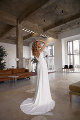 Stunning White Long A-line V-neck Chiffon Beadings Prom Dress Slit-showprettydress