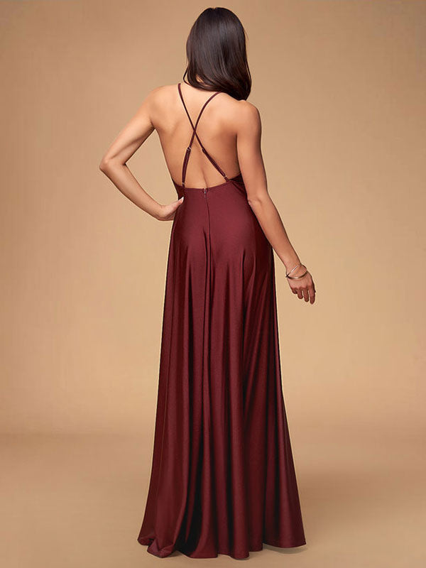 Stunning Women Evening Dress Burgundy A Line Criss Cross Lycra Spandex Formal Dinner Dresses-showprettydress