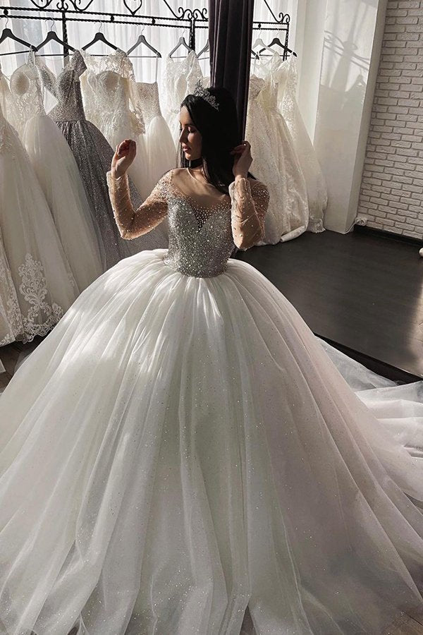 Stylish Glitter Sequins Aline Ball Gown Long Sleevess Bridal Gown-showprettydress