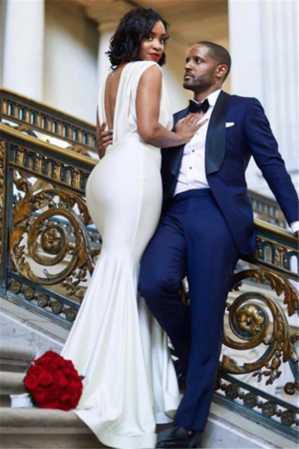 Stylish Long Deep V Neck Sleeveless Straps Mermaid Wedding Dresses-showprettydress