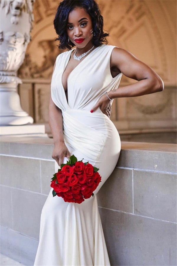 Stylish Long Deep V Neck Sleeveless Straps Mermaid Wedding Dresses-showprettydress