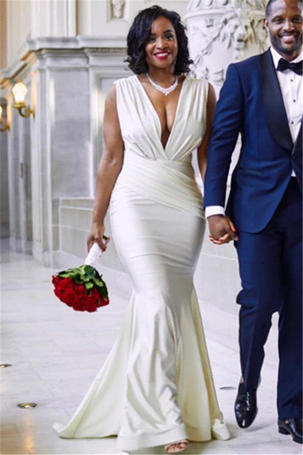 Stylish Long Deep V Neck Sleeveless Straps Mermaid Wedding Dresses-showprettydress