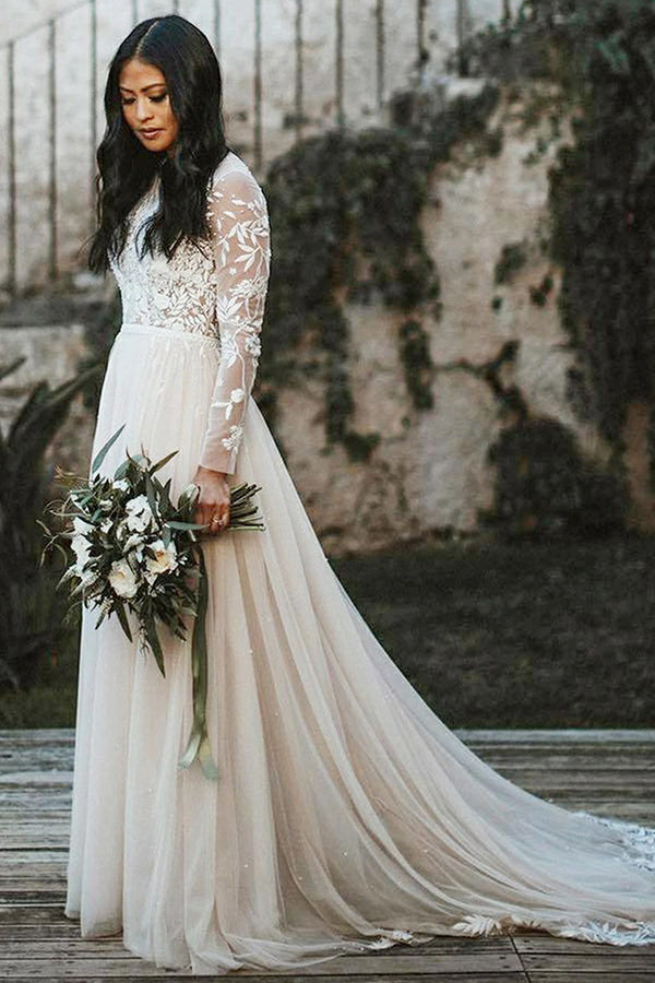 Stylish Long Sleevess Aline Wedding Dress Chiffon Bridal Gown Floor Length-showprettydress