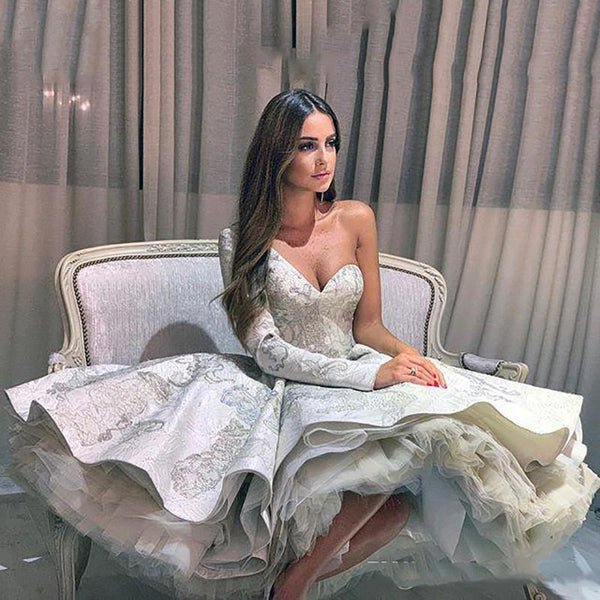 Stylish Short A-line One Shoulder Floral Pattern Wedding Dress with sleeves-showprettydress