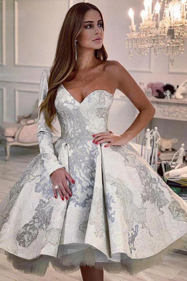 Stylish Short A-line One Shoulder Floral Pattern Wedding Dress with sleeves-showprettydress