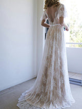 Summer Champange V neck Cap sleeveles Lace Beach Wedding Dress-showprettydress