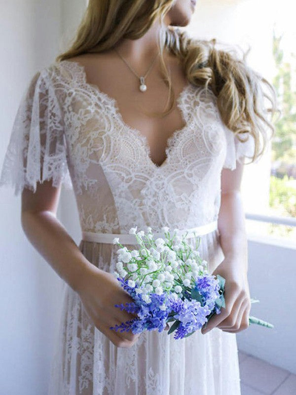 Summer Champange V neck Cap sleeveles Lace Beach Wedding Dress-showprettydress
