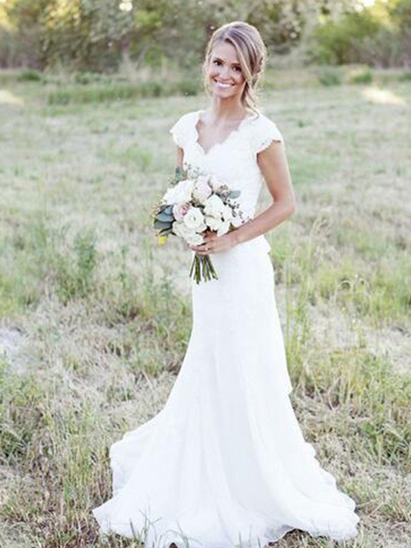 Sweep Train A Line Lace V neck Tulle Sleeveless Wedding Dresses-showprettydress